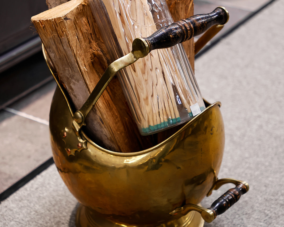 Antique Brass Scuttle and Matches Set