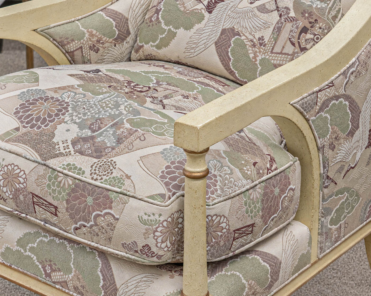 Baker Arm Chair & Ottoman Set Wood Framed with Green Brown and Cream Upholstery