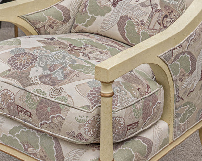 Baker Arm Chair & Ottoman Set Wood Framed with Green Brown and Cream Upholstery