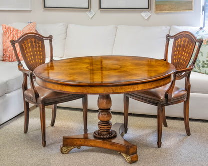 Burlwood Inlaid Round Pedestal Dining Table & Set of 4 Carved Inlaid Armchairs