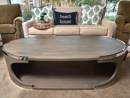 Century Furniture Oval  Driftwood Finish Chrome Accents Cocktail Table