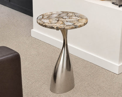 Round Stone Top Drink Table with Organic Silver Base