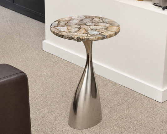 Round Stone Top Drink Table with Organic Silver Base