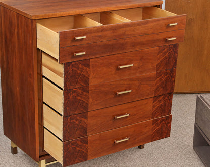 Walnut Mid Century Modern 5 Drawer Chest with Brass Accent Handles