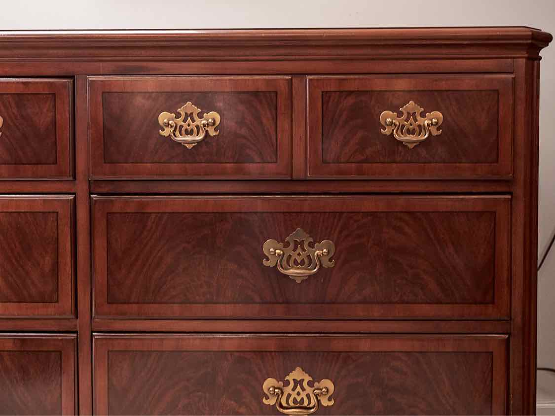 Drexel Burled Mahogany Dresser with 6 Drawers & Brass Handle Pulls