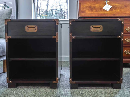 Pair of Walnut Campaign Style 1 Drawer Nightstands