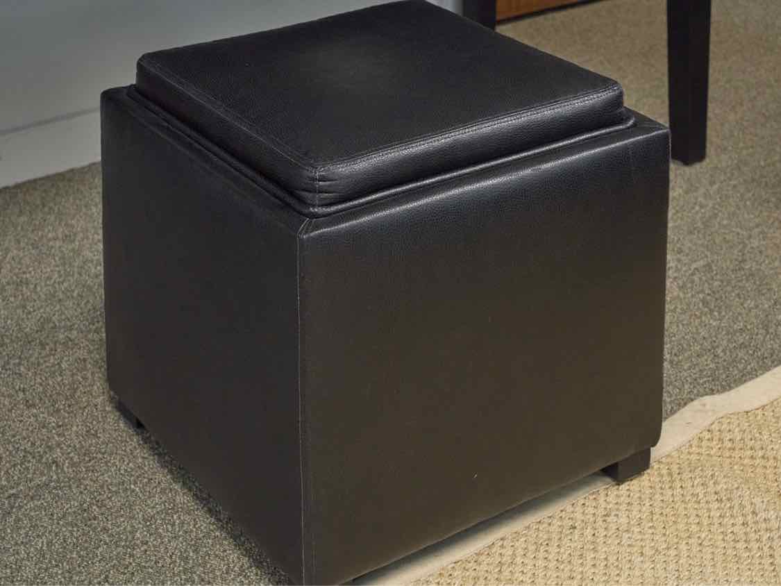 Basset Black Leather Cube Ottoman