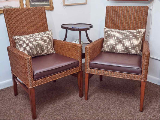 Pair of Ethan Allen' Shiloh' Wicker Arm Chairs with Bonded Leather Seat Cushion