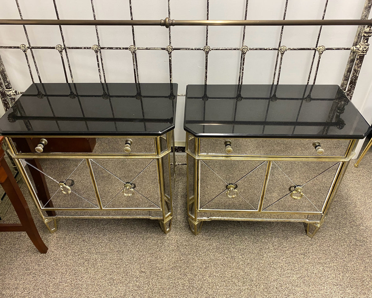 Pair of Mirrored Bedside Chests with Black Marble Tops