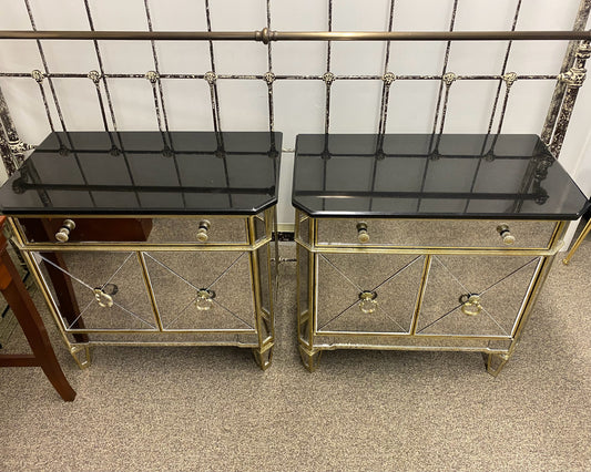 Pair of Mirrored Bedside Chests with Black Marble Tops