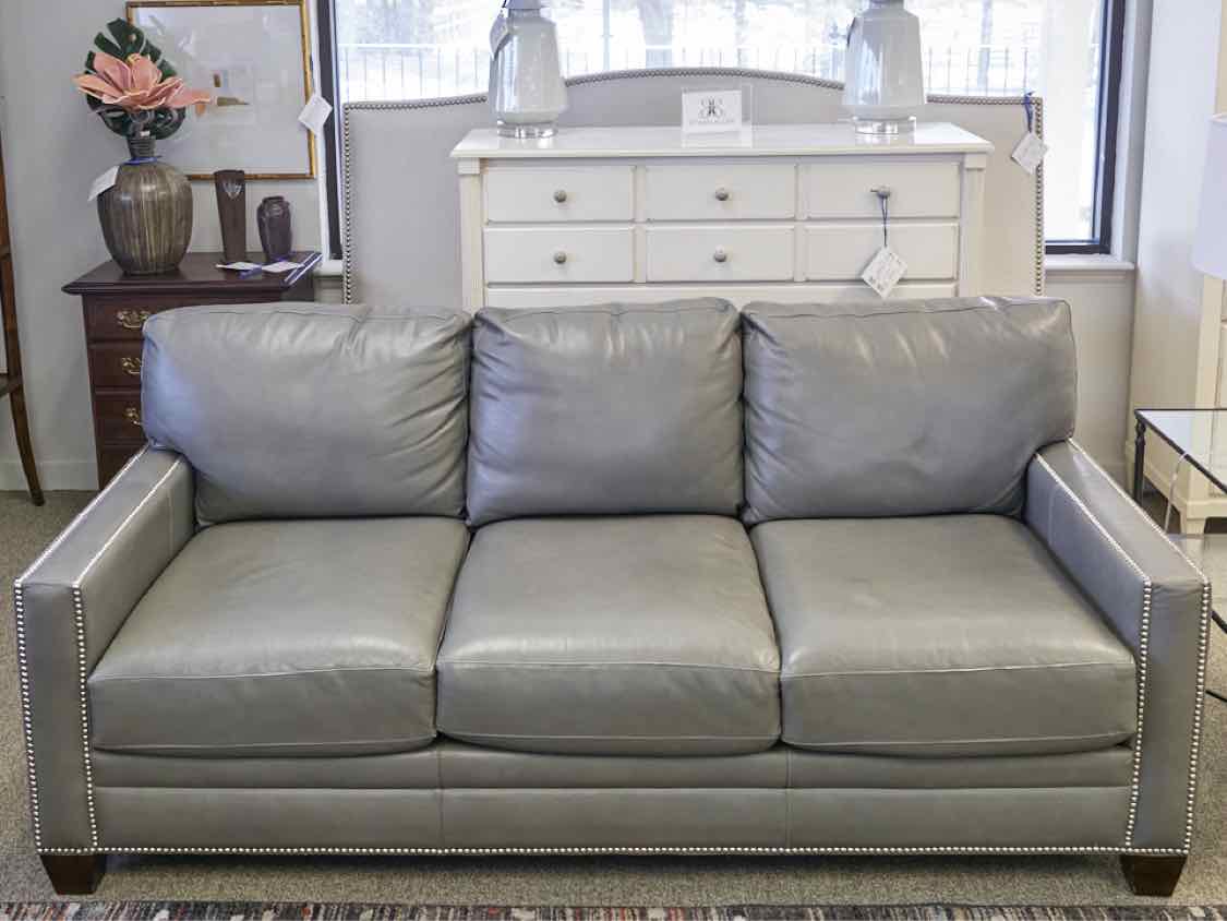 Basset Light Gray Leather Sofa With Nailhead Trim