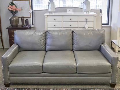 Basset Light Gray Leather Sofa With Nailhead Trim
