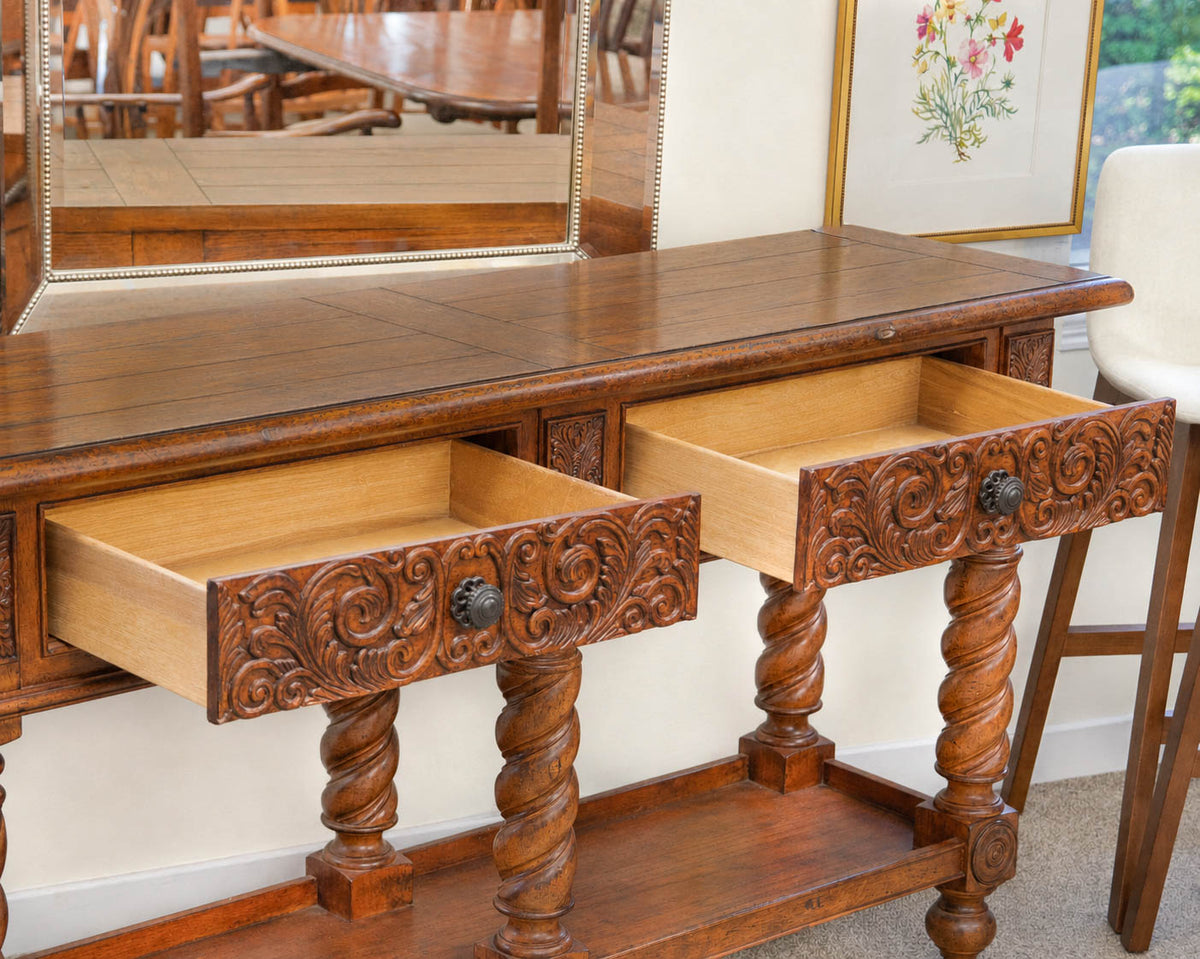 Broyhill Carved Oak Buffet Table W/ 2 Darwers On Spiral Barley Twist Legs