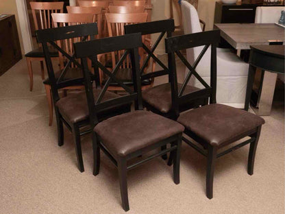 Set Of Arhaus 4 Black Finish Acacia Wood X Back Faux Leather Seat  Dining Chairs