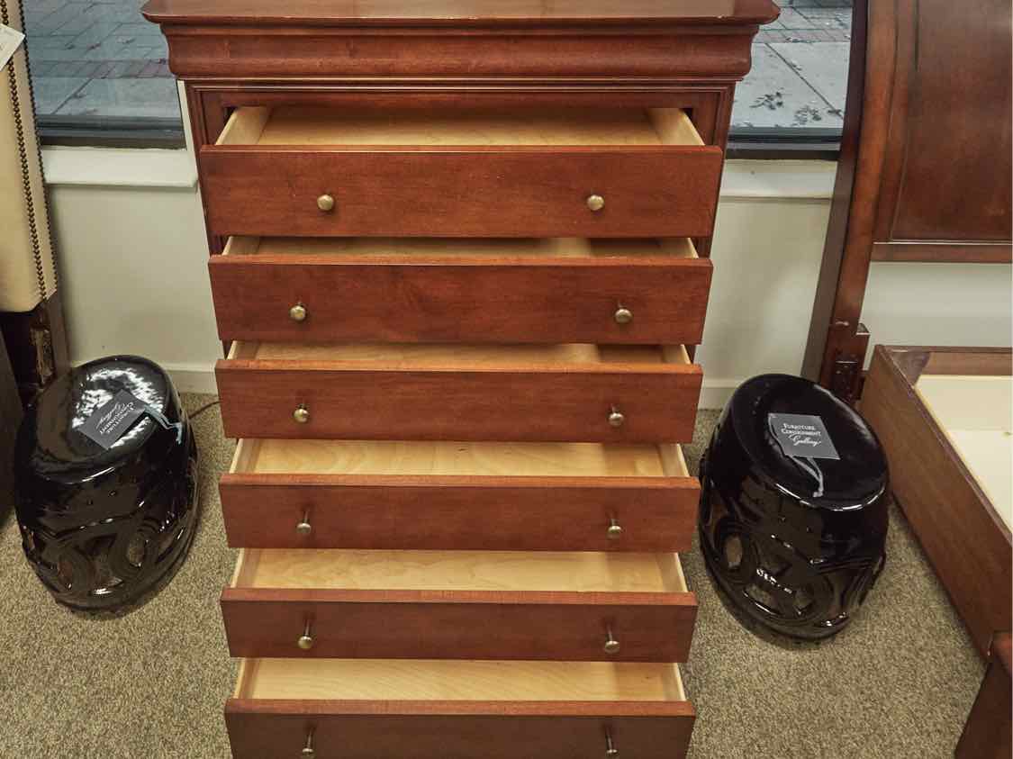 Louis Phillip Style Cherry Finish 7 Drawer Chest with Bronze Finish Knobs
