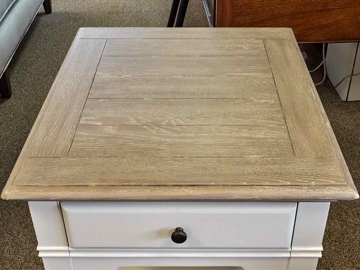Single Drawer Side Table with Driftwood Finish Top and White Base