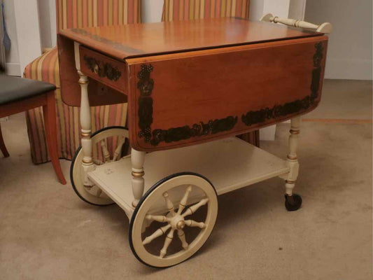Ethan Allen Stencil Drop Leaf Tea Cart with Ivory Finish Base