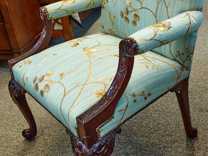 Pair of Custom Carved Mahogany Framed Arm Chairs