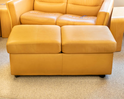 Ekornes Lift Top Storage Ottoman in Camel Leather W/ Maple Tray Tops