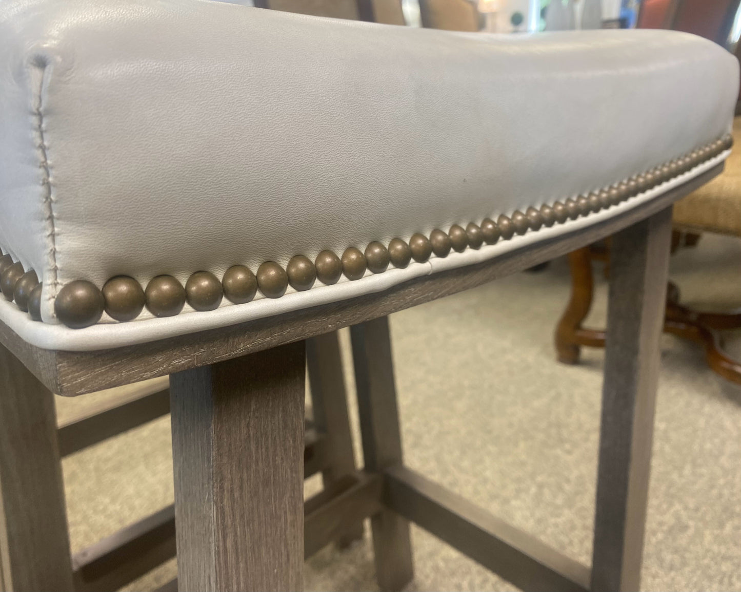 Pair of Pearlized Leather Counter Stools with Brass Nailhead