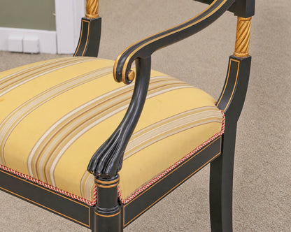 Pair of Regency Ebonized Arm Chairs with Gold Trim & Striped Yellow Silk