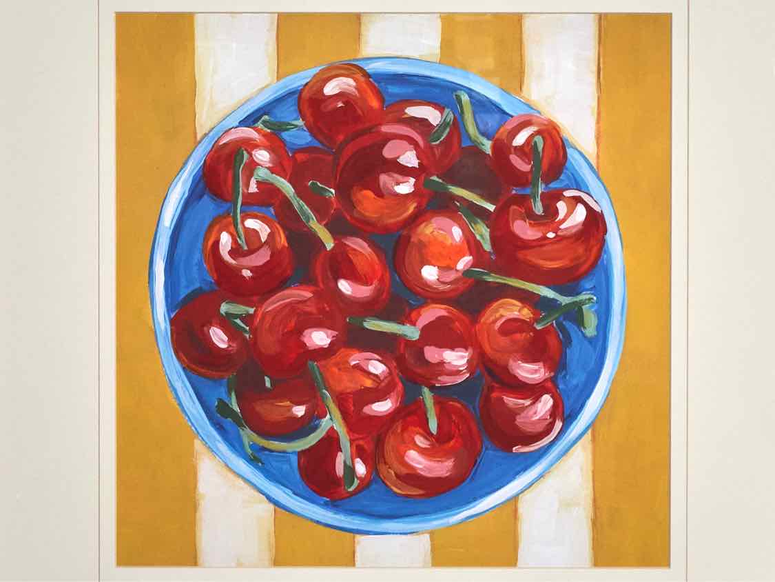 'Table Cherries I' Art Print Under Glass Matted In Gold Frame