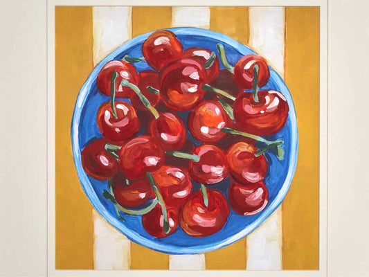 'Table Cherries I' Art Print Under Glass Matted In Gold Frame