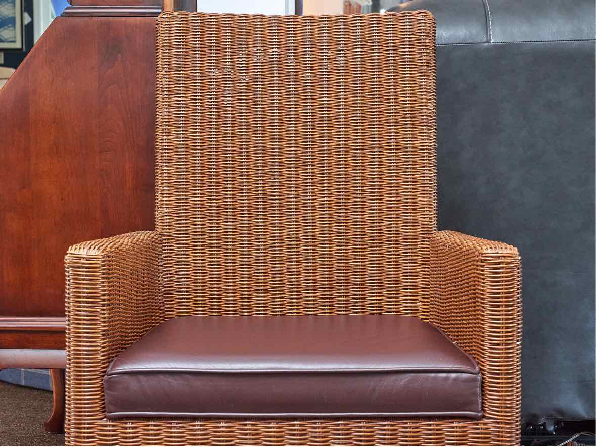 Pair of Ethan Allen' Shiloh' Wicker Arm Chairs with Bonded Leather Seat Cushion