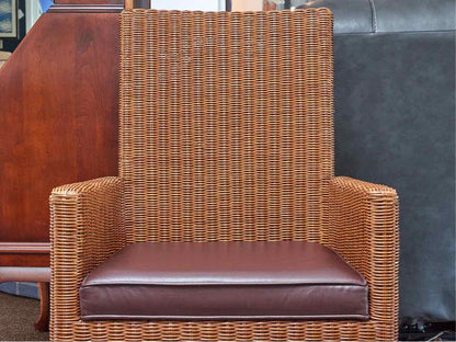 Pair of Ethan Allen' Shiloh' Wicker Arm Chairs with Bonded Leather Seat Cushion
