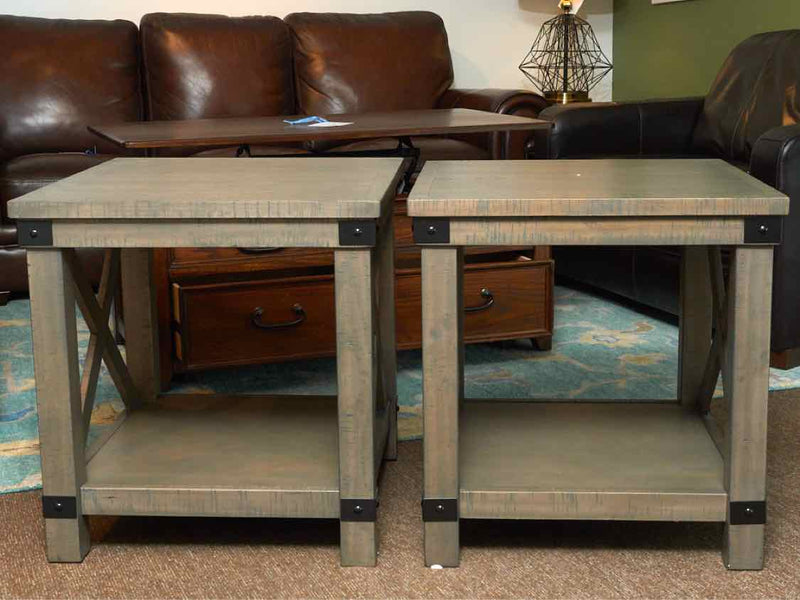 Pair of Grey Wash Finish Side Tables with Black Corner Accents