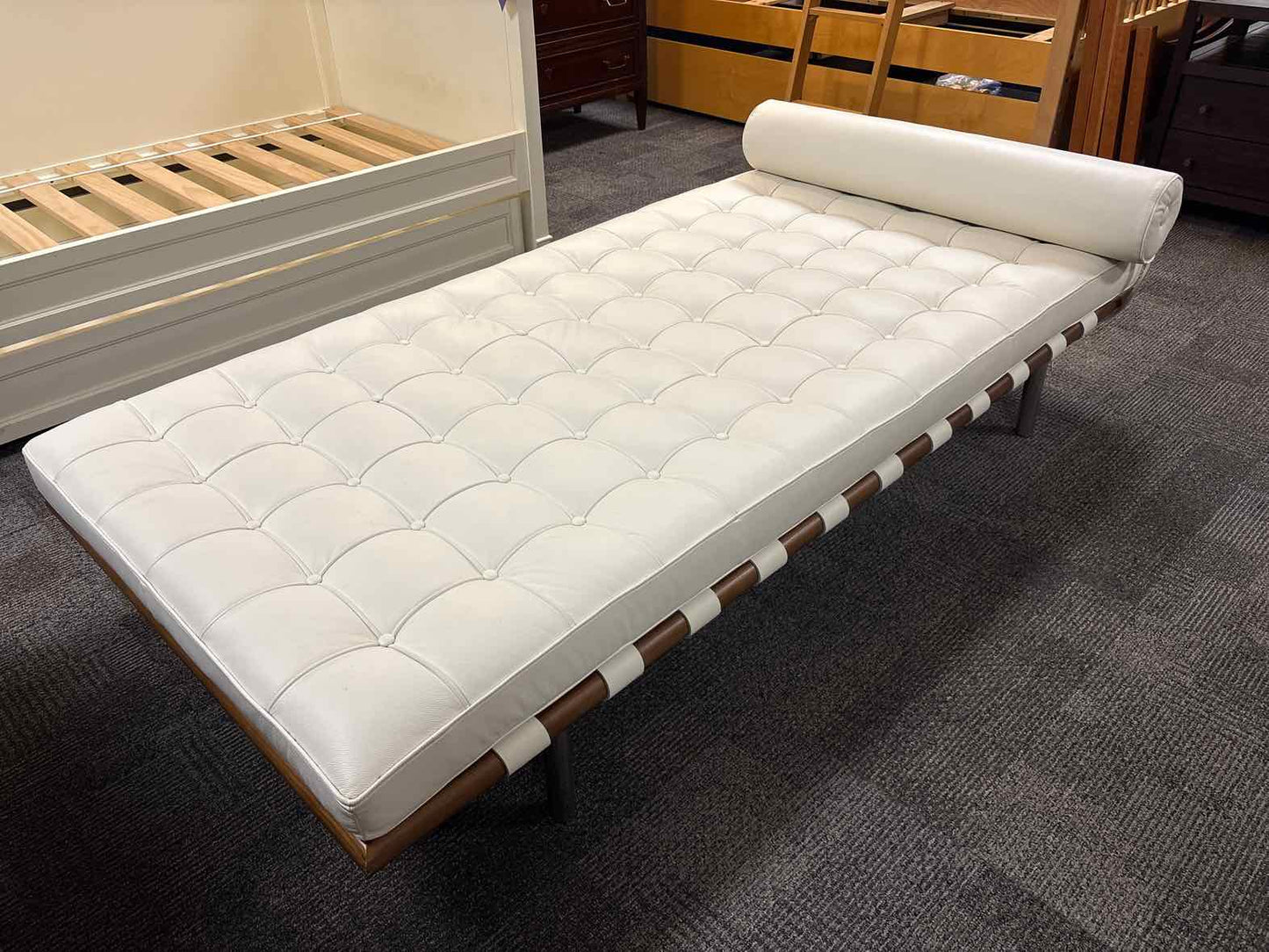 White Leather Button Tufted Chaise w/ Pillow