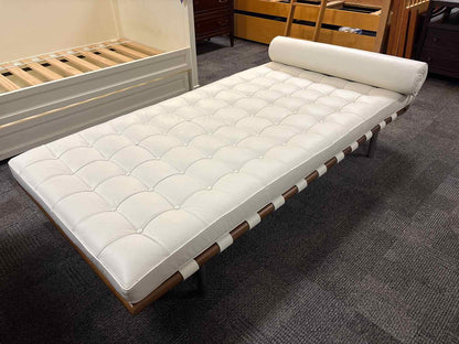 White Leather Button Tufted Chaise w/ Pillow