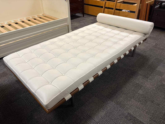 White Leather Button Tufted Chaise w/ Pillow