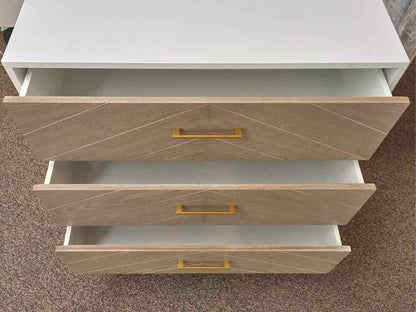 White 3-Drawer Chest on Gold Frame with Driftwood Drawerfronts