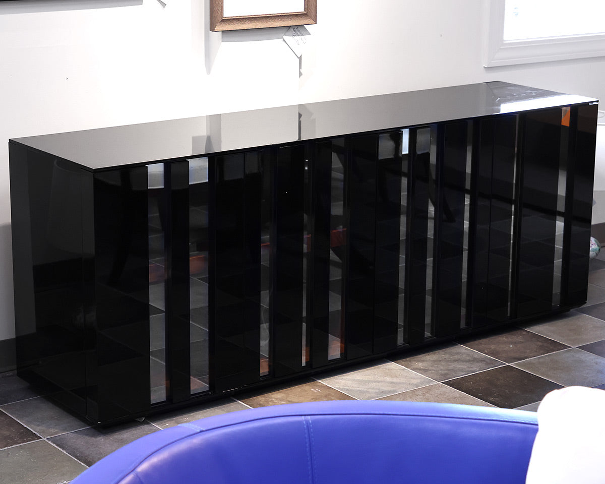 Black Lacquer Sideboard with Lighted Interior Wood Shelves