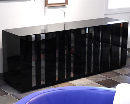 Black Lacquer Sideboard with Lighted Interior Wood Shelves