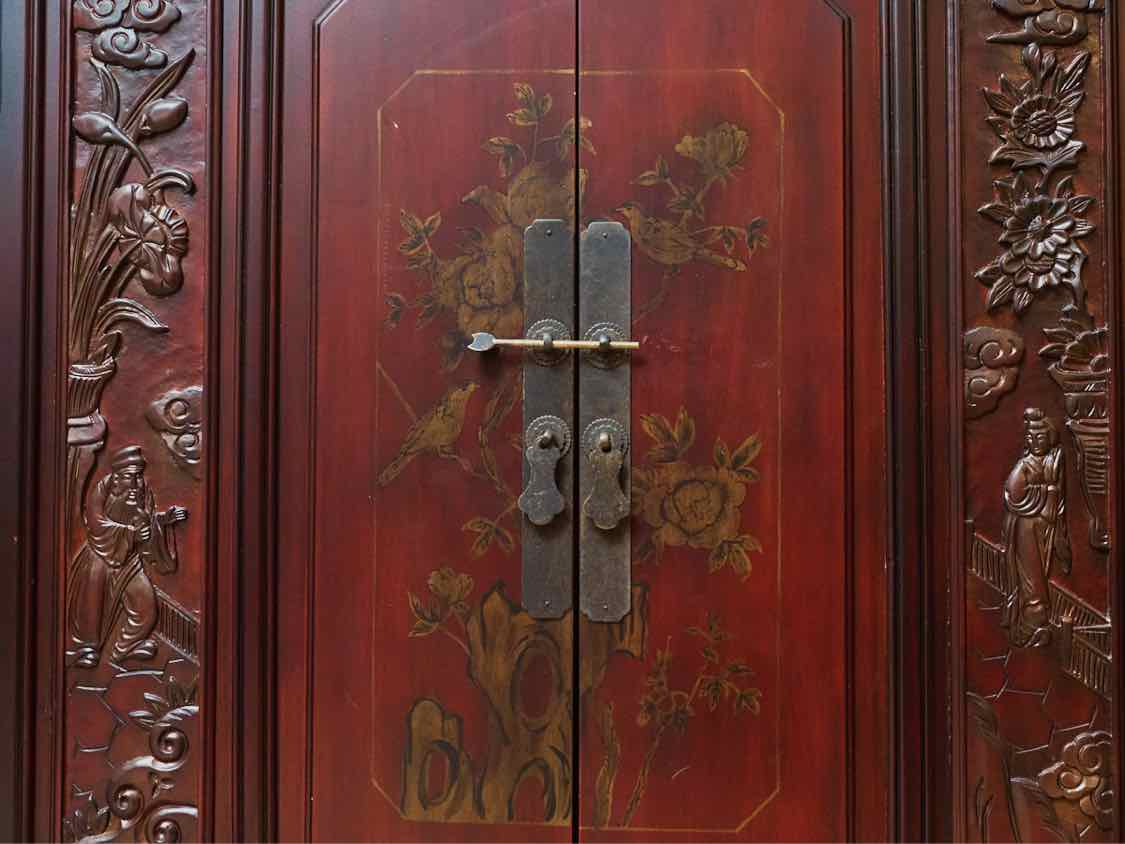 Asian Red Finish 2 Door,2 Drawer,2 Shelf Accent Chest