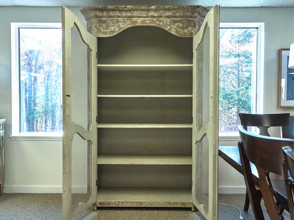 Rustic French Inspired Display Cabinets in Grey Finish with Wire Mesh Doors