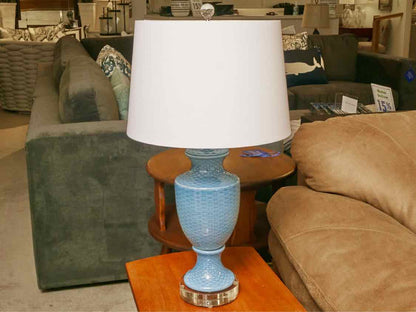 Porcelain Ice Blue Basket Table Lamp with White Linen Retro Drum Shade