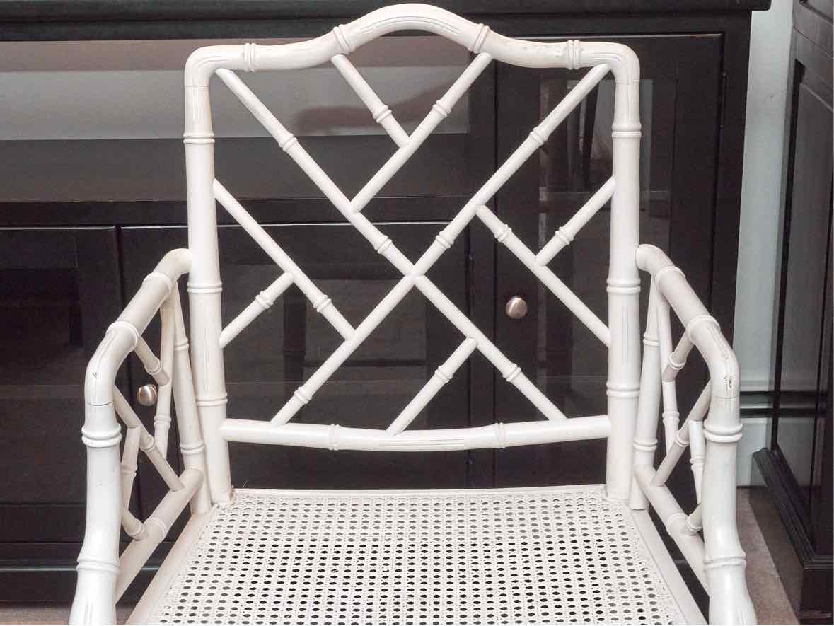 Bamboo & Cain Seat Arm Dining Chair in Arctic White Finish