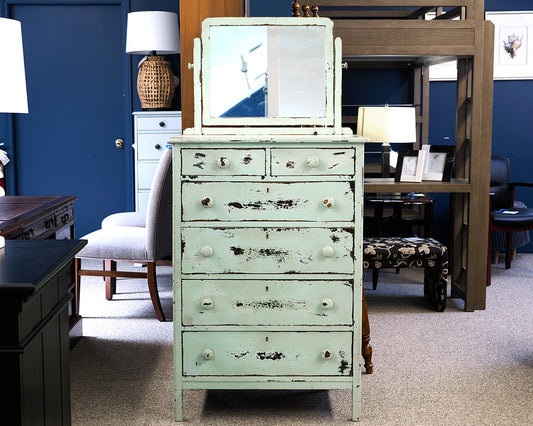 Tall Vintage Chest with Pivot Mirror in Rustic Mint Green
