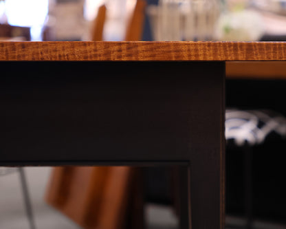 DR Dimes Extending Farm Table with Tiger Maple Top on Black Crackle Finish Base