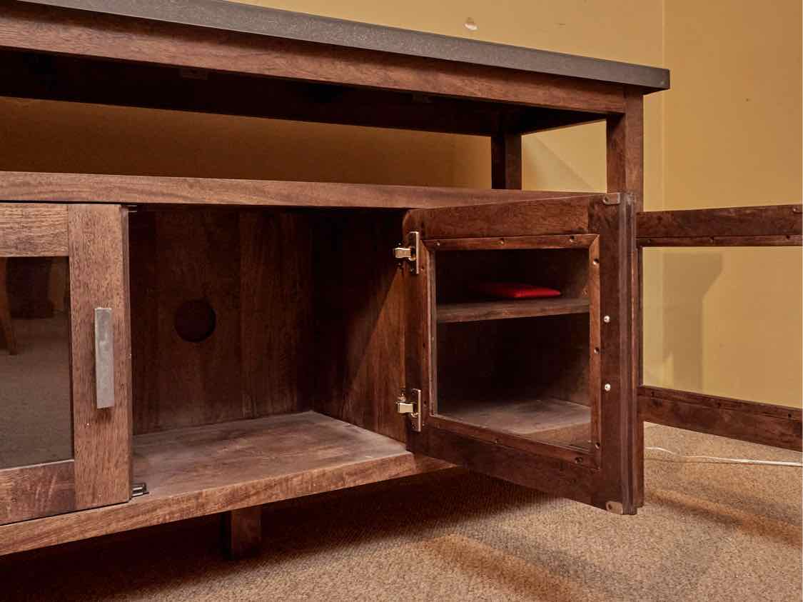 Crate & Barrel Metal Top 3 Glass Doors Weathered Oak Media Console