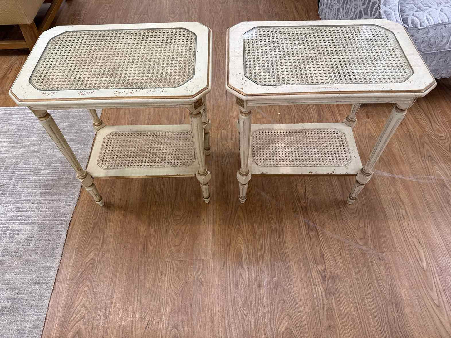 Domain Pair of Glass-Top Cane Side Tables