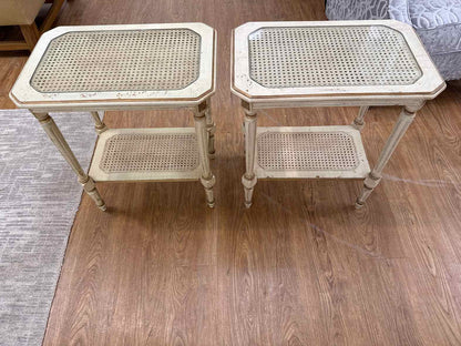 Domain Pair of Glass-Top Cane Side Tables