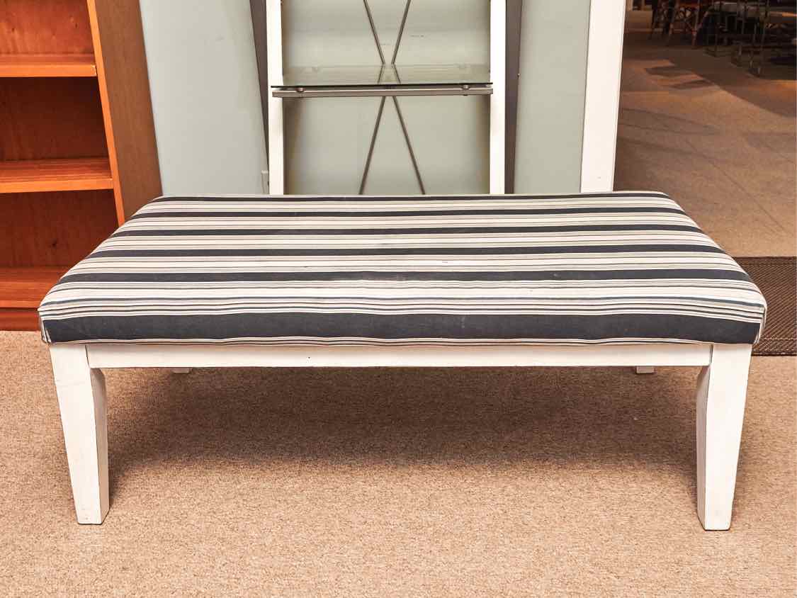 Blue Striped Fabric White Finish Legs Ottoman