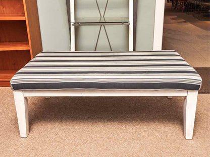 Blue Striped Fabric White Finish Legs Ottoman