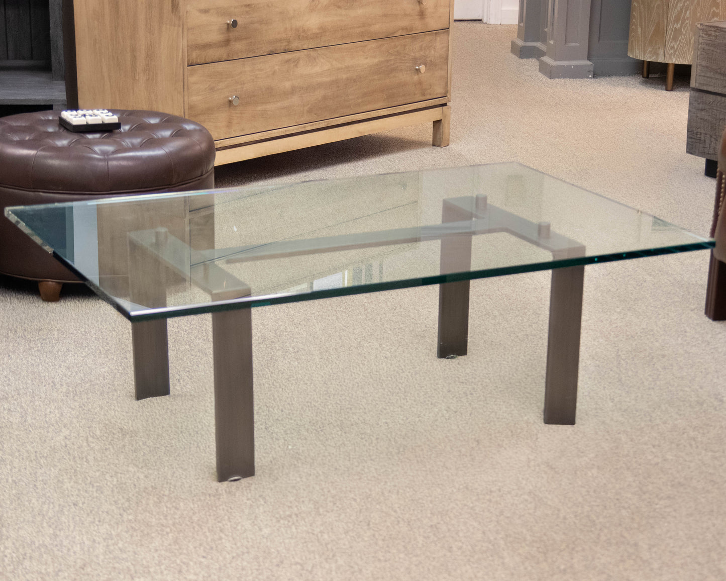 Cocktail Table with Thick Glass Top on Steel Base