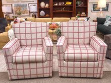 Pair of Ethan Allen 'Turner' Swivel Chairs in Red & Cream Buffalo Check