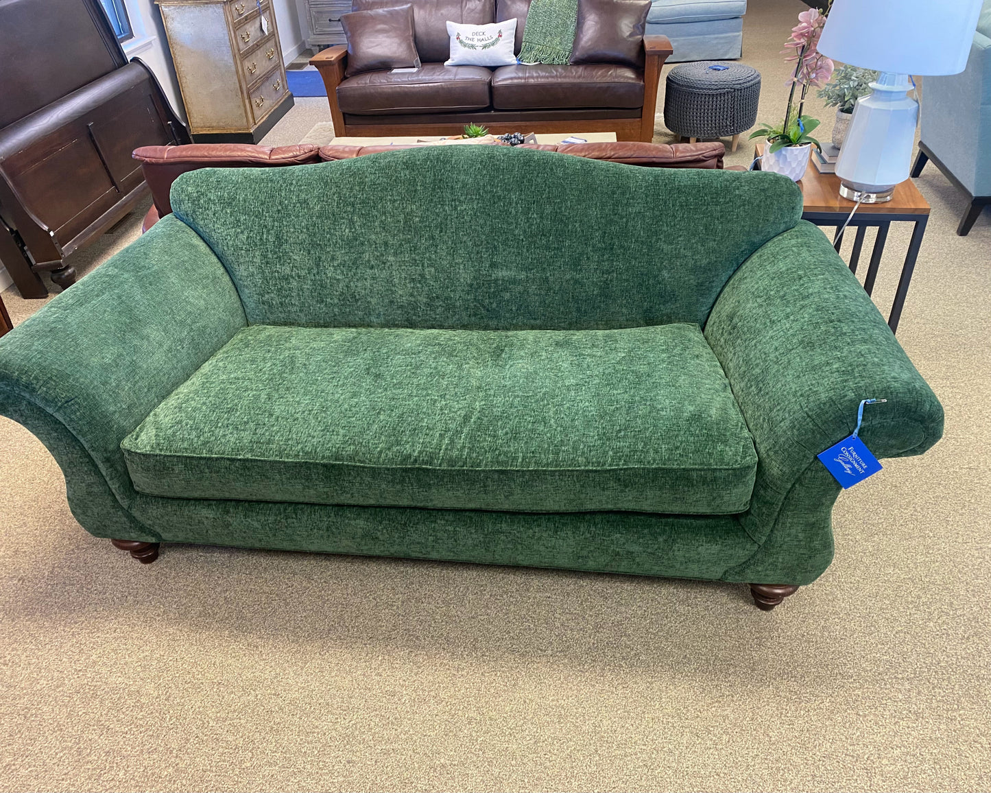 Camel Back Emerald Green Upholstered Sofa